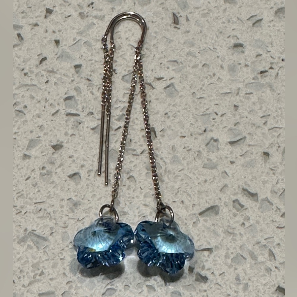 Handmade Plumeria Flower Swarovski Sterling Silver Threader Earrings - Picture 10 of 11
